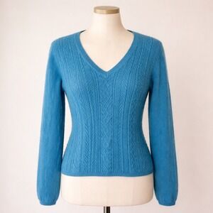 McDuff Blue V Neck Cable Knit Cashmere Sweater Womens See Measurements for size